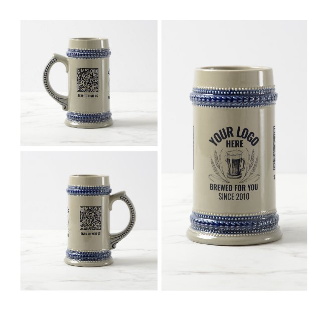 Logo Navy Blue Qr Code Business Branding Barware Beer Stein (Beer Stein logo simple your logo here professional branding employee company branded promotional)