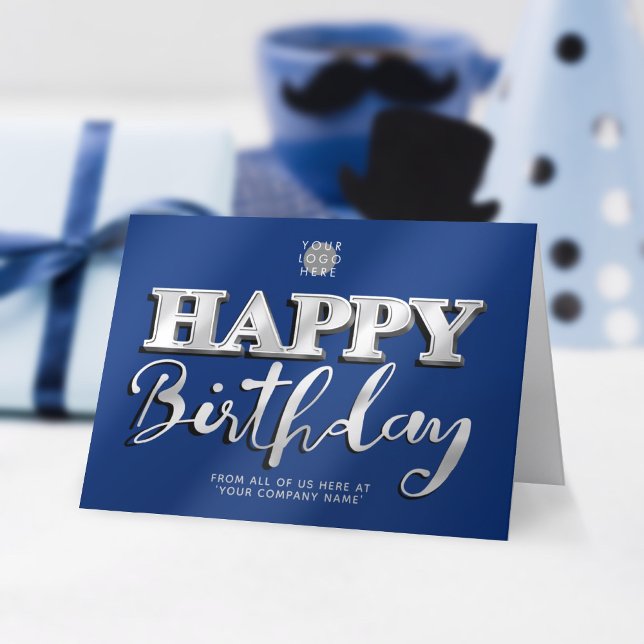 Logo Navy Blue Silver Lettering Business Birthday Card (Creator Uploaded)