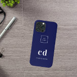 Logo navy blue white monogram initials business iPhone 16 case<br><div class="desc">Navy blue background and white text. Personalise and add your business,  company logo,  monogram initials and name.</div>