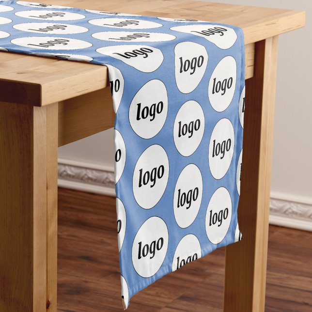 Logo Pattern Business Promotional Branding Blue Short Table Runner (Simple logo with custom text business branding promotional sky blue table runner)