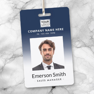 Logo photo dark blue white employee name title id badge