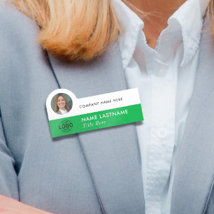 Logo Photo ID Simple Green White Business Employee Name Tag