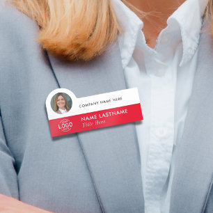 Logo Photo ID Stylish Simple Red White Business Name Tag