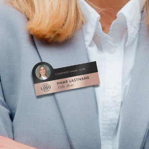 Logo Photo Professional Faux Rose Gold Black Name Tag