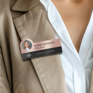 Logo Photo Sleek Faux Rose Gold Black Employee Name Tag