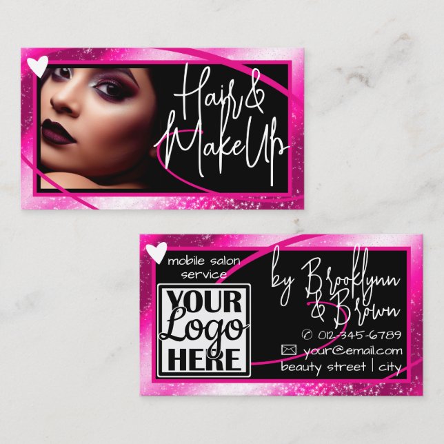Logo Photo Template Stylish Pink Frame Heart Luxe Business Card (Front/Back)