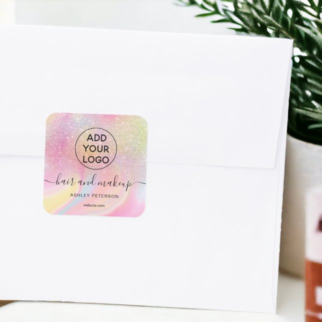 Logo pink rainbow glitter marble chic hair makeup square sticker (Logo pink rainbow glitter marble chic hair makeup square sticker)