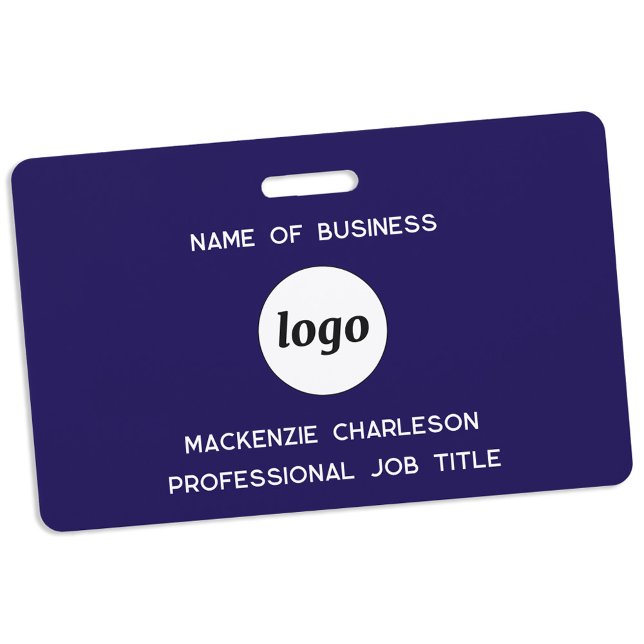 Logo Professional Business Navy Blue Name ID Badge (Simple logo with custom text business branding promotional employee staff colleague name badge)