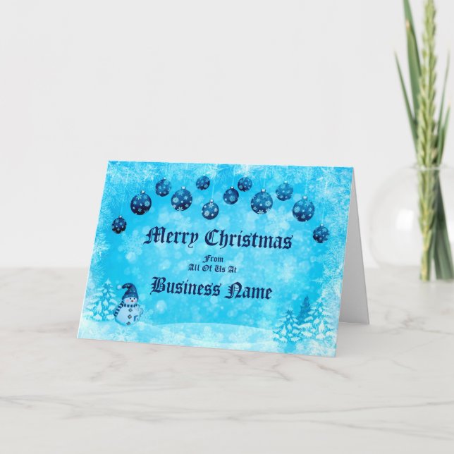Logo Promo Business Blue Snowman Baubles Christmas Holiday Card (Front)