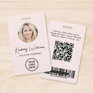 Logo QR Bar Codes Employee Pink Photo ID Badge
