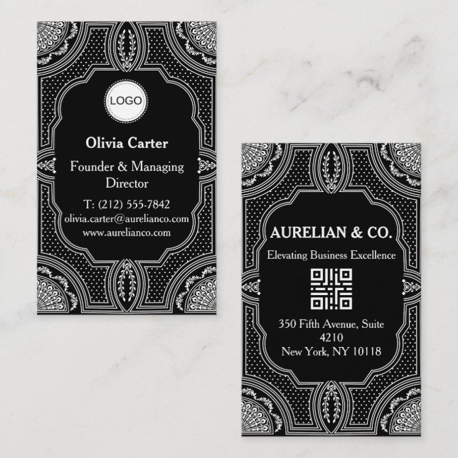 Logo & QR Code Art Deco Luxury Business Card (Front/Back)