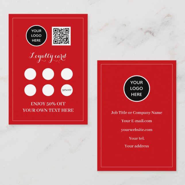 Logo QR Code Business Reward Punch Red Loyalty Card (Front/Back)