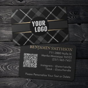 Logo & QR Code Charcoal Grey Plaid Modern Branded Business Card