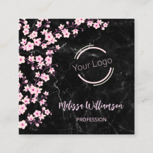 Logo    QR Code   Cherry Blossoms Black Marble Square Business Card