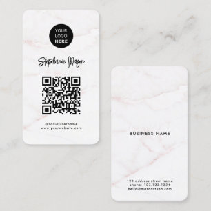 Logo &QR Code   Elegant White Rose Gold Marble Business Card