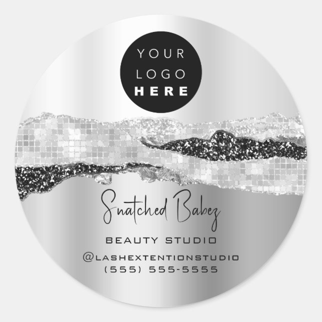 Logo QR Code Hairdresser Makeup Grey Silver Metal Classic Round Sticker (Front)
