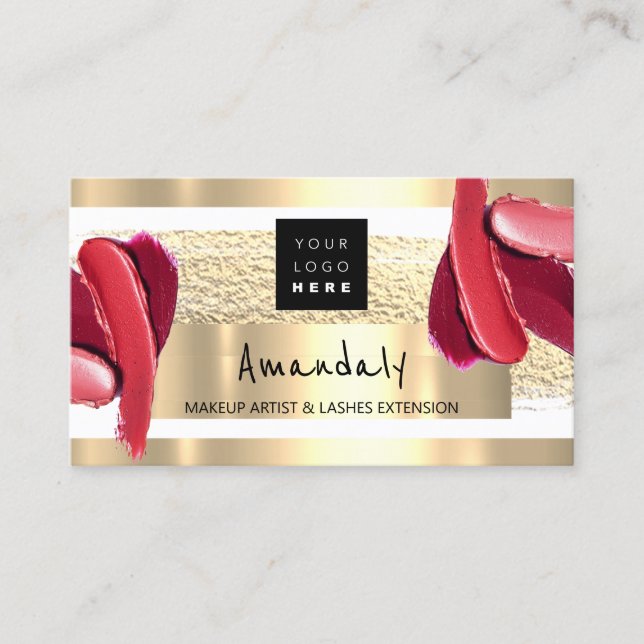 Logo QR CODE Logo Gold Pink Strokes Makeup Artist Business Card (Front)