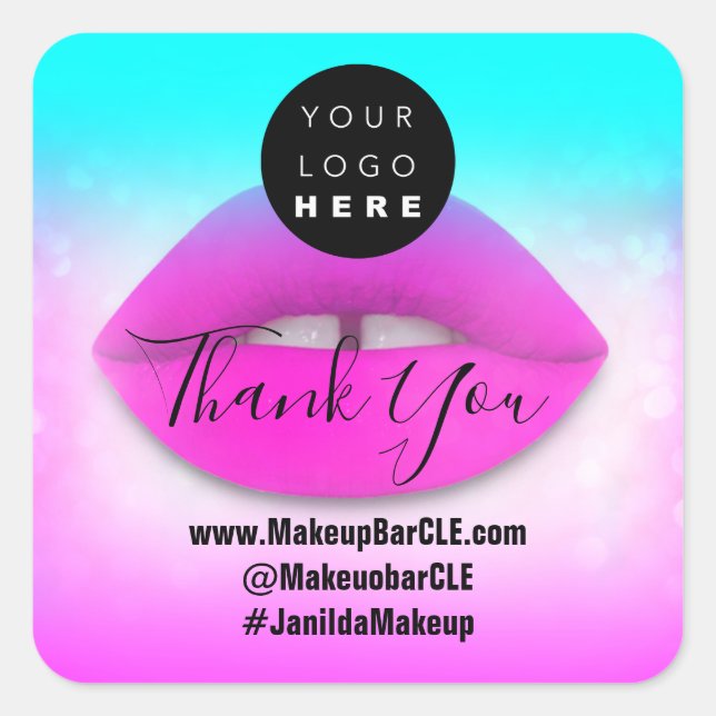 Logo QR Code Name Thank Shopping Lipstic Blue Square Sticker (Front)