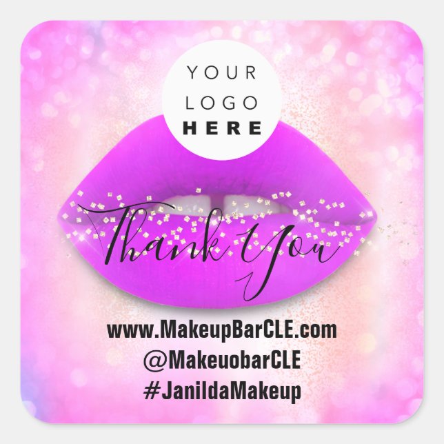 Logo QR Code Name Thank Shopping Pink Lips Blush Square Sticker (Front)