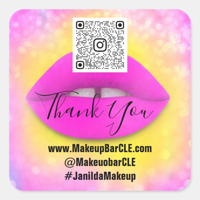 Logo QR Code Name Thank Shopping Pink Lips Yellow  Square Sticker (Front)