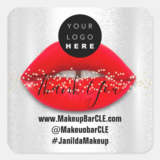 Logo QR Code Name Thank Shopping Red Lips Silver Square Sticker (Front)