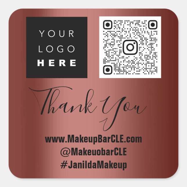 Logo QR Code Name Thank Shopping Web Social Brown Square Sticker (Front)