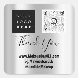 Logo QR Code Name Thank Shopping Web Social Silver Square Sticker
