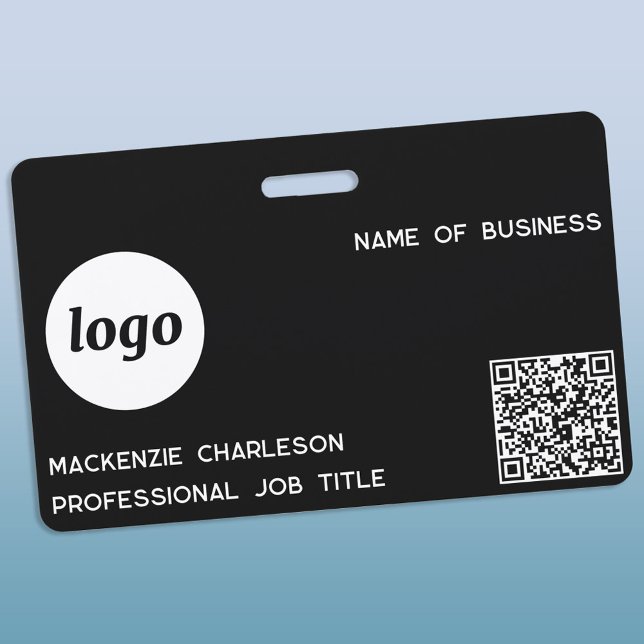 Logo QR Code Professional Business Black Name ID Badge (Simple logo QR code with custom text business promotional branding name tag)
