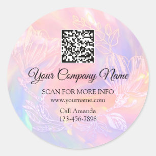 Logo QR Code Promotional Holographic Floral Wreath Classic Round Sticker