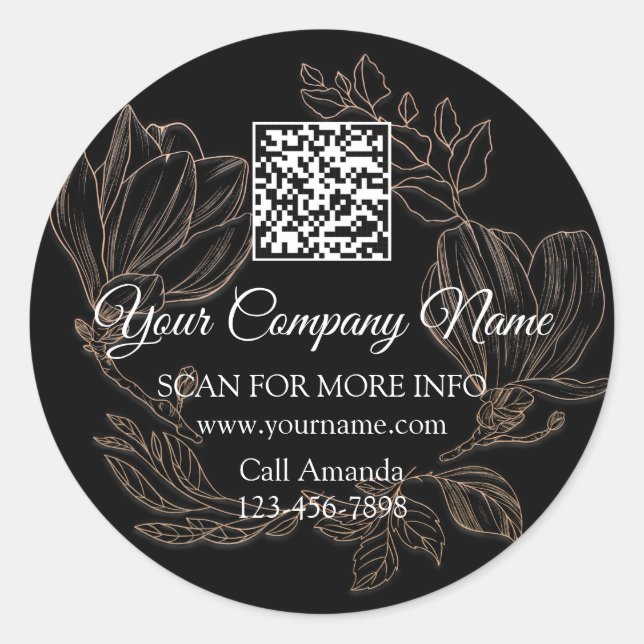 Logo QR Code Promotional Shop  Floral Rose Black Classic Round Sticker (Front)