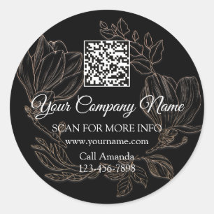 Logo QR Code Promotional Shop  Floral Rose Black Classic Round Sticker