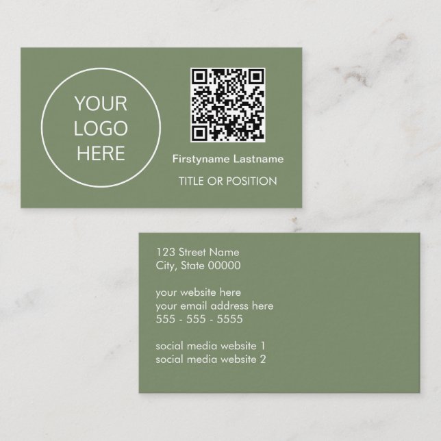 Logo QR Code Sage Green Business Card (Front/Back)