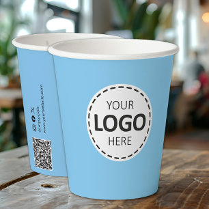 Logo, QR Code Social Media Custom Blue Paper Cups