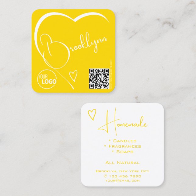 Logo QR Code Template Calligraphy Yellow Heart Square Business Card (Front/Back)