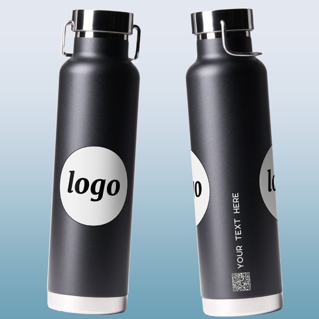 Logo QR Code Text Business Branding Promotional Water Bottle (Simple logo with QR code and custom text business branding promotional black water bottle)