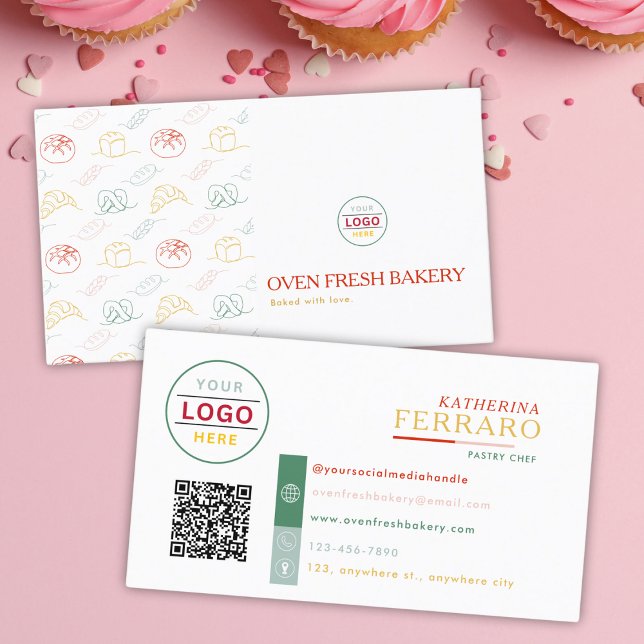 Logo QR Code White Colourful Text Bakery  Business Card (Creator Uploaded)