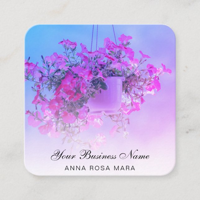 * Logo QR Floral Flower Hanging NEON Petunia Pot Square Business Card (Front)