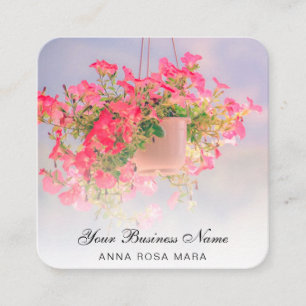 *~* Logo QR Floral Flower Hanging Pink Petunia Pot Square Business Card