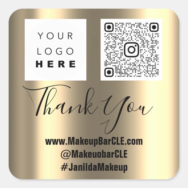 Logo QRCode Name Thank Shopping Faux Gold Shop  Square Sticker (Front)