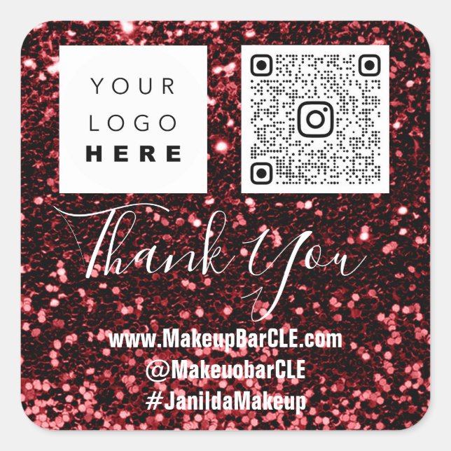 Logo QRCode Name Thank Shopping Glitter Burgundy Square Sticker (Front)