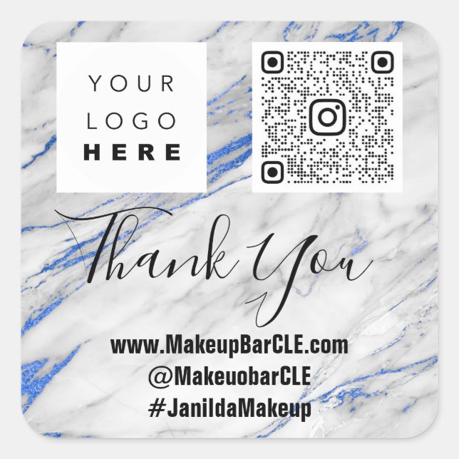 Logo QRCode Name Thank Shopping Marble Grey Blue  Square Sticker (Front)