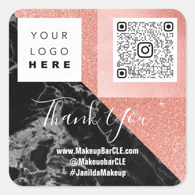Logo QRCode Name Thank Shopping Marble Pink Square Sticker (Front)