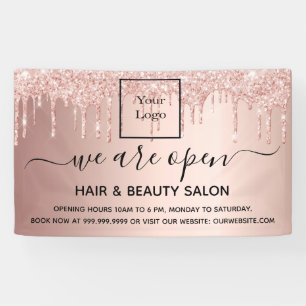 Logo reopening hair beauty salon rose gold glitter banner
