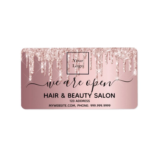 Logo reopening hair beauty salon rose gold glitter label (Front)