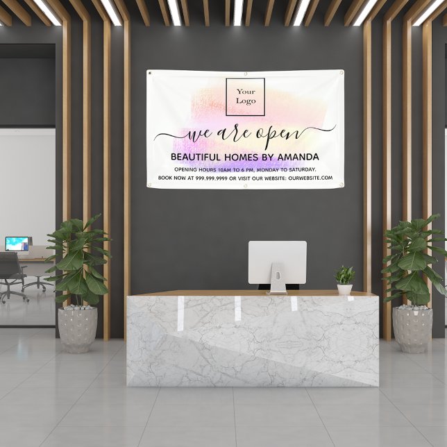 Logo reopening white pastels interior designer banner (Creator Uploaded)