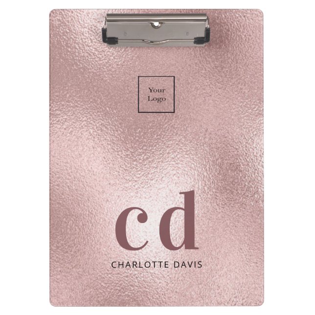 Logo rose gold monogram initials business clipboard (Front)