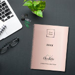 Logo rose gold monogram metal business 2024 planner<br><div class="desc">A rose gold faux metallic looking background. Personalise and add your business logo,  year,  first name,  monogram initials and full name.  Your company logo both on front and on the back.</div>