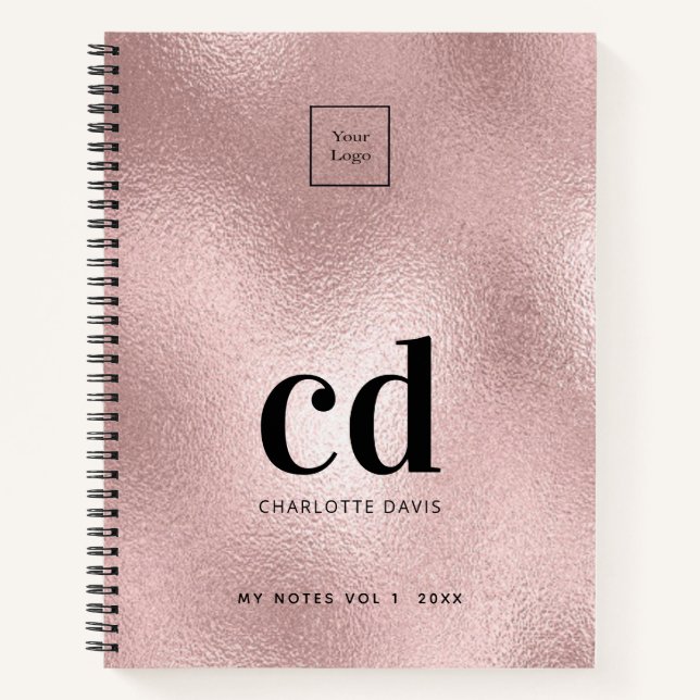 Logo rose gold pink monogram initial business notebook (Front)