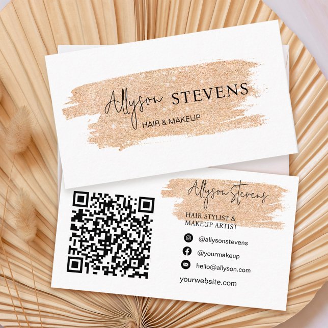 Logo script gold glitter hair makeup qr code business card (Creator Uploaded)