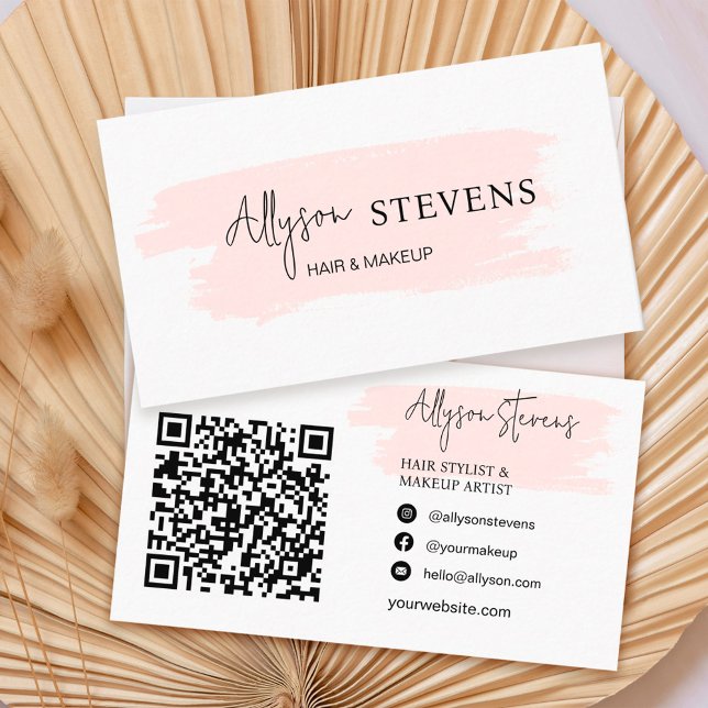 Logo script pink brush hair makeup qr code business card (Creator Uploaded)